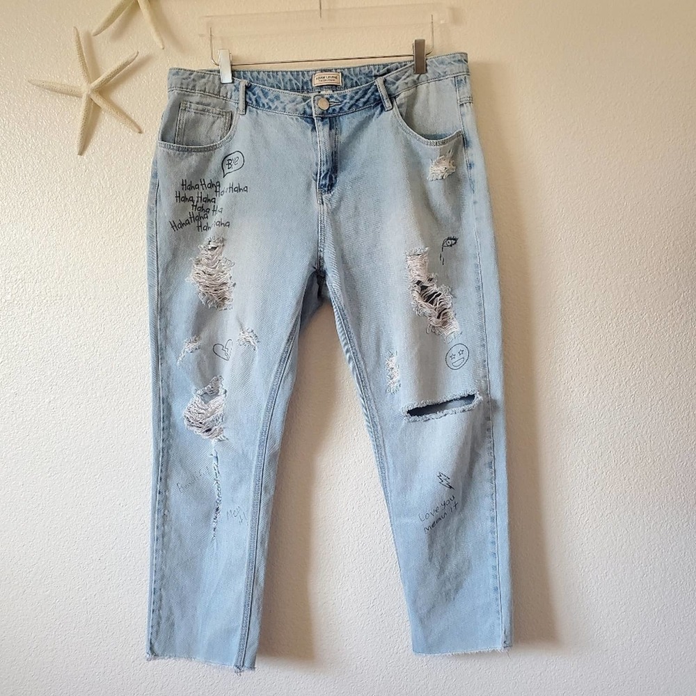 Adam Levine The Girlfriens Distressed Doddled Straight Leg Jeans Size 17 Women